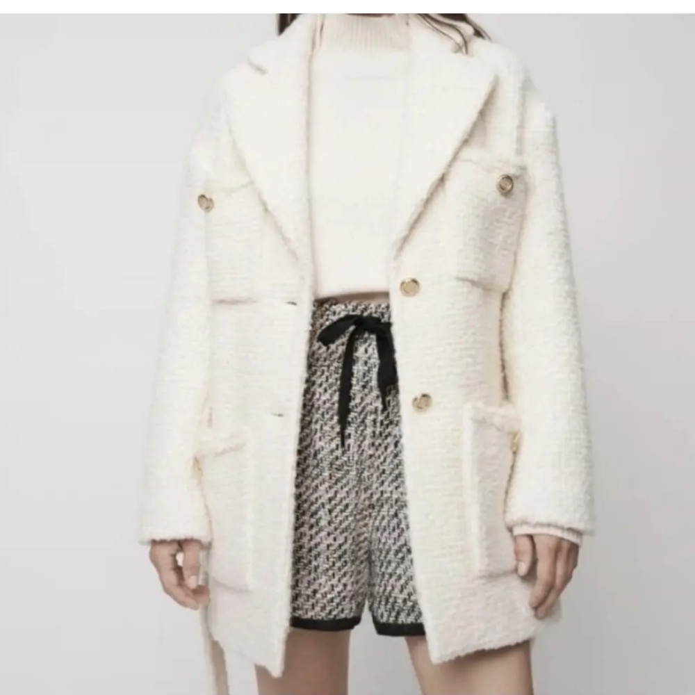Maje Cream Tweed Belted Coat